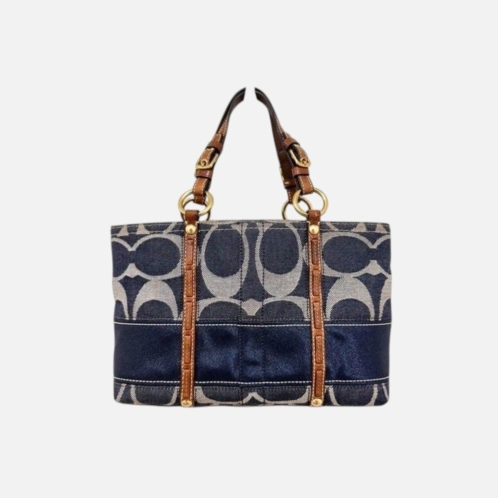 Coach Heritage Stripe Signature Denim Tote Bag Blue Tan 11178